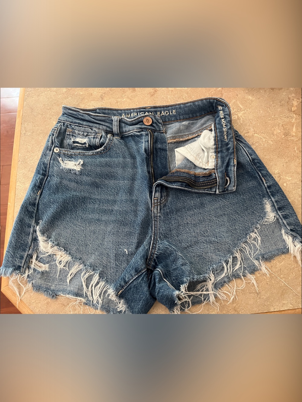 American Eagle Outfitters Distressed Fringe High-Rise Jean Shorts - Blue Denim